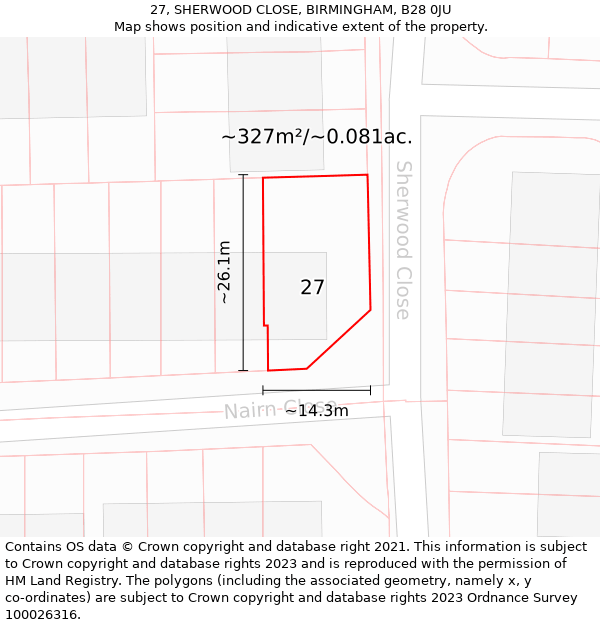 27, SHERWOOD CLOSE, BIRMINGHAM, B28 0JU: Plot and title map