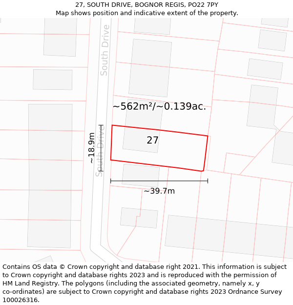 27, SOUTH DRIVE, BOGNOR REGIS, PO22 7PY: Plot and title map