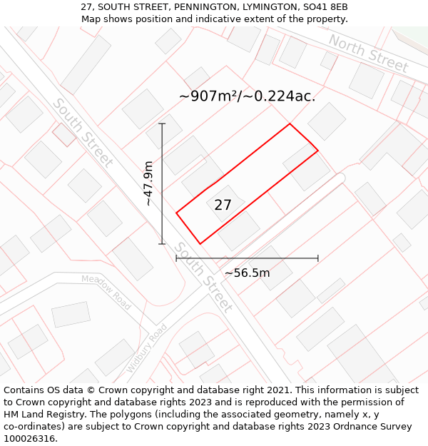 27, SOUTH STREET, PENNINGTON, LYMINGTON, SO41 8EB: Plot and title map