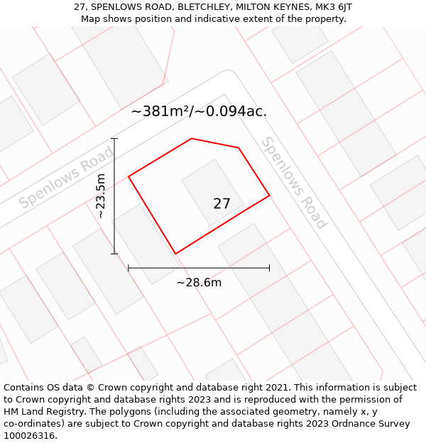 27, SPENLOWS ROAD, BLETCHLEY, MILTON KEYNES, MK3 6JT: Plot and title map