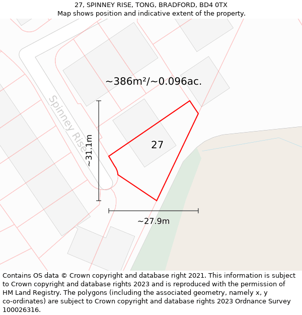 27, SPINNEY RISE, TONG, BRADFORD, BD4 0TX: Plot and title map