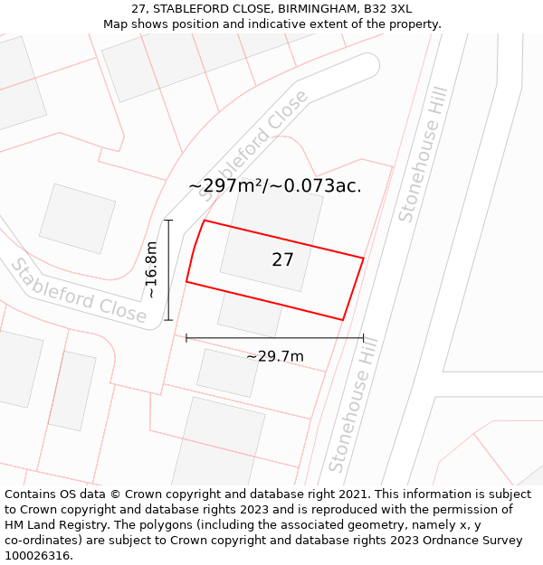 27, STABLEFORD CLOSE, BIRMINGHAM, B32 3XL: Plot and title map