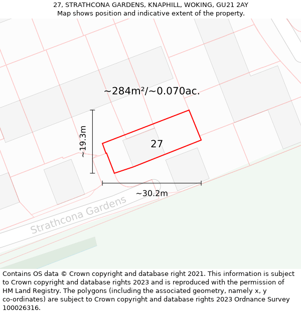 27, STRATHCONA GARDENS, KNAPHILL, WOKING, GU21 2AY: Plot and title map