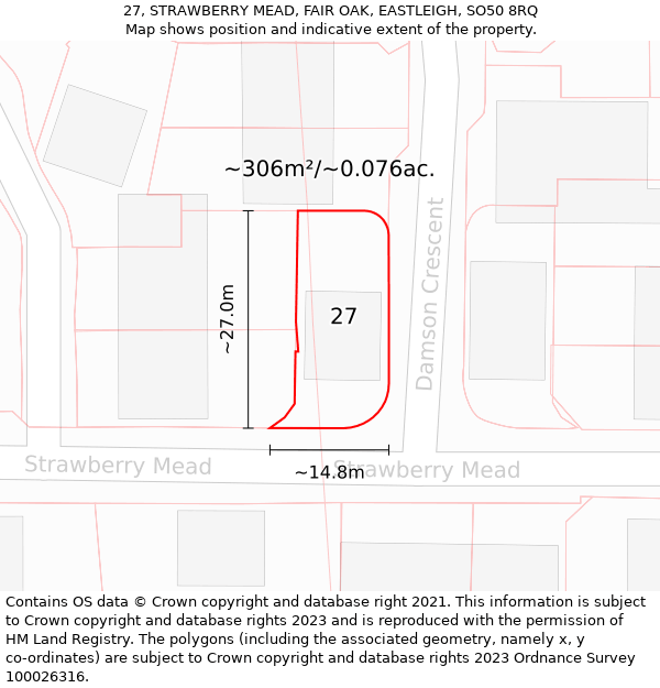 27, STRAWBERRY MEAD, FAIR OAK, EASTLEIGH, SO50 8RQ: Plot and title map