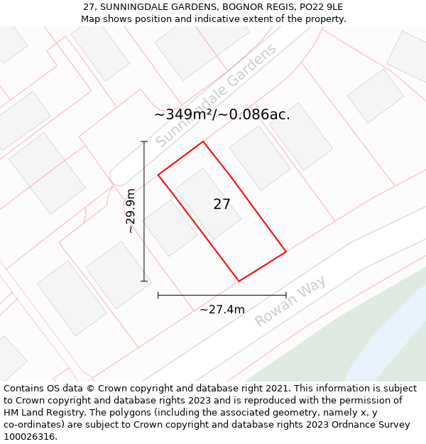 27, SUNNINGDALE GARDENS, BOGNOR REGIS, PO22 9LE: Plot and title map