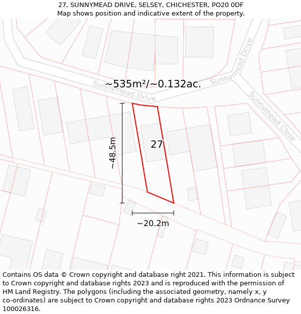 27, SUNNYMEAD DRIVE, SELSEY, CHICHESTER, PO20 0DF: Plot and title map