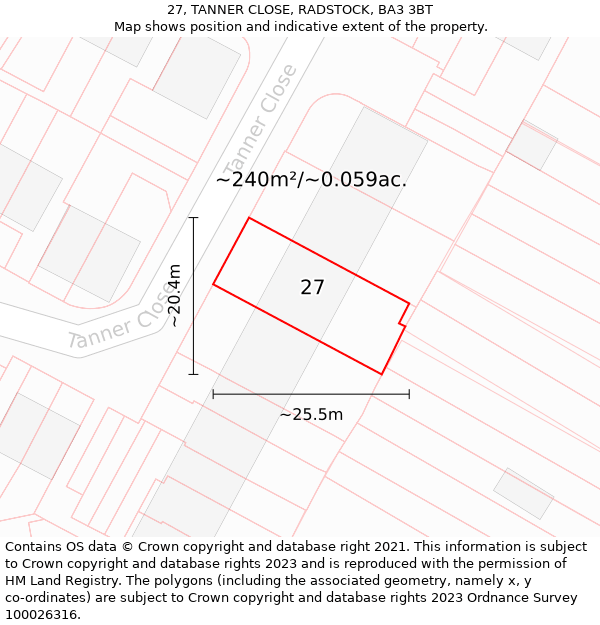 27, TANNER CLOSE, RADSTOCK, BA3 3BT: Plot and title map