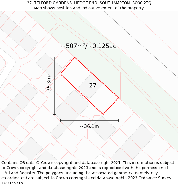27, TELFORD GARDENS, HEDGE END, SOUTHAMPTON, SO30 2TQ: Plot and title map