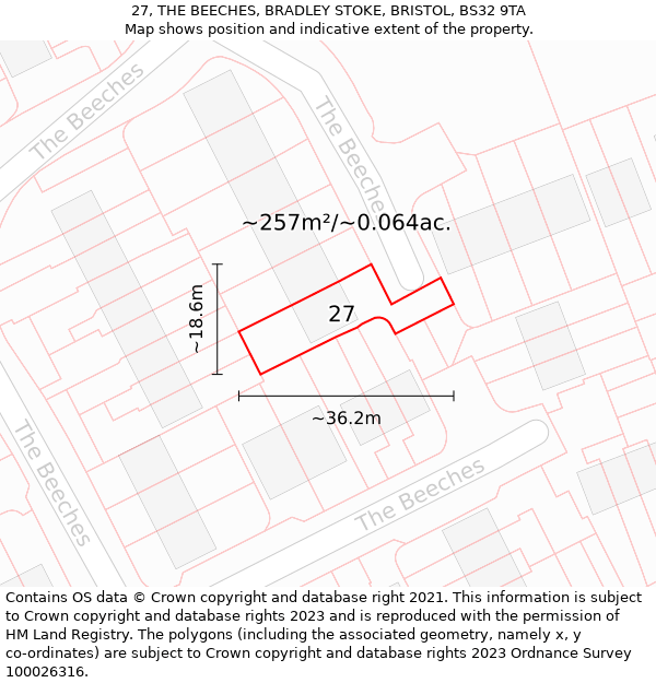 27, THE BEECHES, BRADLEY STOKE, BRISTOL, BS32 9TA: Plot and title map