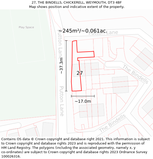 27, THE BINDELLS, CHICKERELL, WEYMOUTH, DT3 4BF: Plot and title map