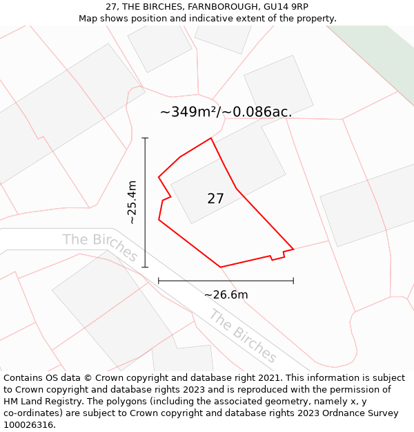 27, THE BIRCHES, FARNBOROUGH, GU14 9RP: Plot and title map