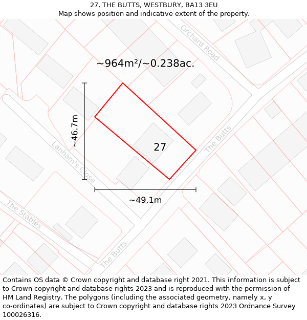 27, THE BUTTS, WESTBURY, BA13 3EU: Plot and title map