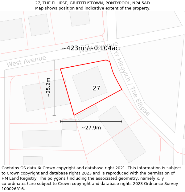 27, THE ELLIPSE, GRIFFITHSTOWN, PONTYPOOL, NP4 5AD: Plot and title map