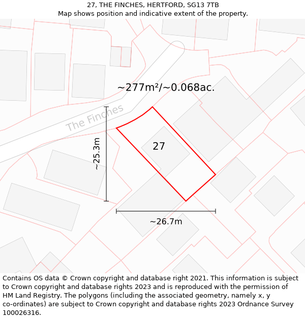 27, THE FINCHES, HERTFORD, SG13 7TB: Plot and title map