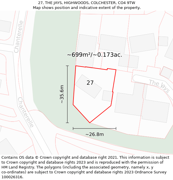 27, THE JAYS, HIGHWOODS, COLCHESTER, CO4 9TW: Plot and title map