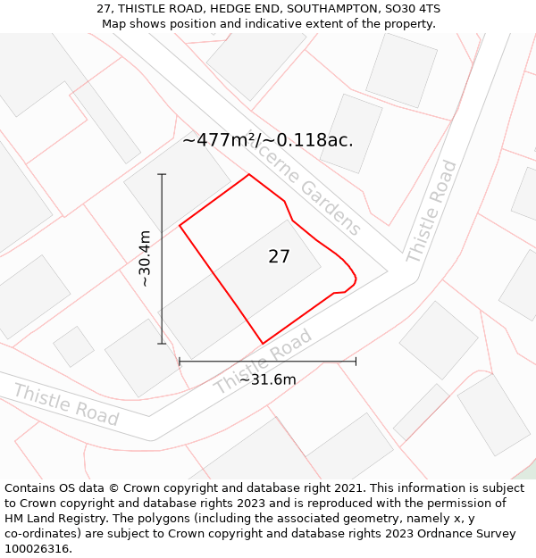 27, THISTLE ROAD, HEDGE END, SOUTHAMPTON, SO30 4TS: Plot and title map