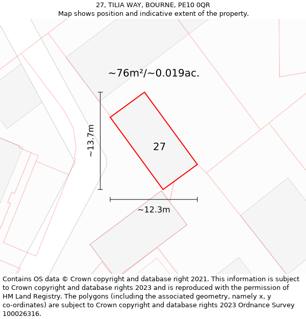 27, TILIA WAY, BOURNE, PE10 0QR: Plot and title map