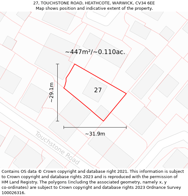 27, TOUCHSTONE ROAD, HEATHCOTE, WARWICK, CV34 6EE: Plot and title map