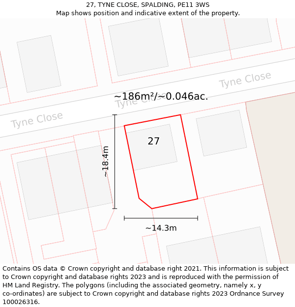 27, TYNE CLOSE, SPALDING, PE11 3WS: Plot and title map