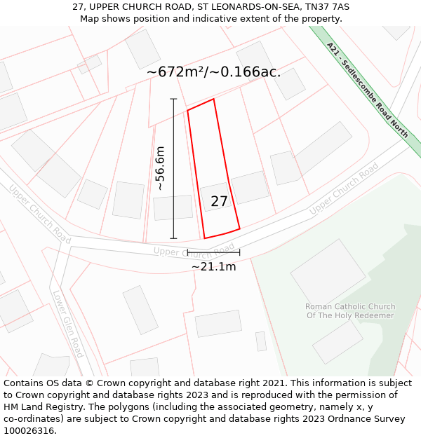 27, UPPER CHURCH ROAD, ST LEONARDS-ON-SEA, TN37 7AS: Plot and title map