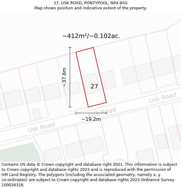 27, USK ROAD, PONTYPOOL, NP4 8AG: Plot and title map