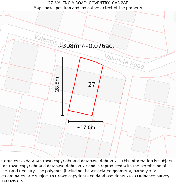 27, VALENCIA ROAD, COVENTRY, CV3 2AF: Plot and title map