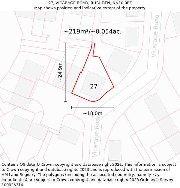 27, VICARAGE ROAD, RUSHDEN, NN10 0BF: Plot and title map