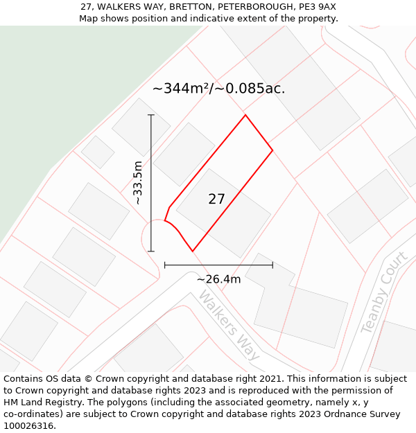 27, WALKERS WAY, BRETTON, PETERBOROUGH, PE3 9AX: Plot and title map