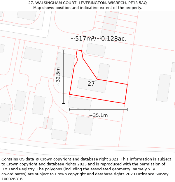 27, WALSINGHAM COURT, LEVERINGTON, WISBECH, PE13 5AQ: Plot and title map