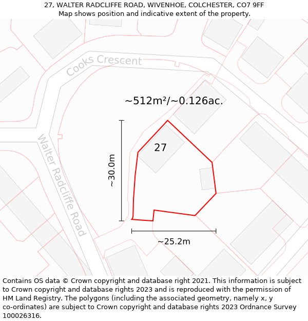 27, WALTER RADCLIFFE ROAD, WIVENHOE, COLCHESTER, CO7 9FF: Plot and title map