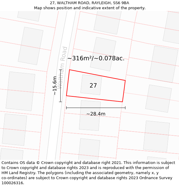 27, WALTHAM ROAD, RAYLEIGH, SS6 9BA: Plot and title map