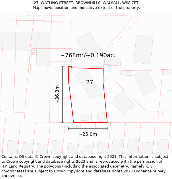 27, WATLING STREET, BROWNHILLS, WALSALL, WS8 7PT: Plot and title map