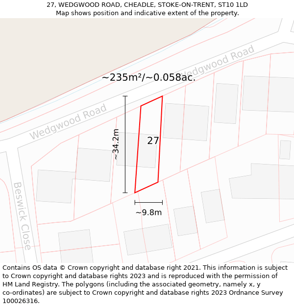 27, WEDGWOOD ROAD, CHEADLE, STOKE-ON-TRENT, ST10 1LD: Plot and title map