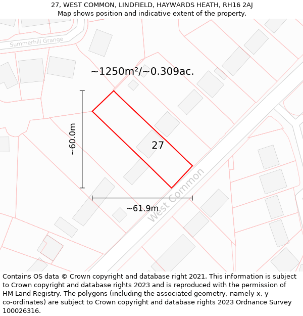 27, WEST COMMON, LINDFIELD, HAYWARDS HEATH, RH16 2AJ: Plot and title map