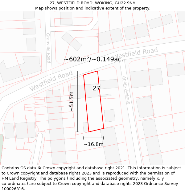 27, WESTFIELD ROAD, WOKING, GU22 9NA: Plot and title map