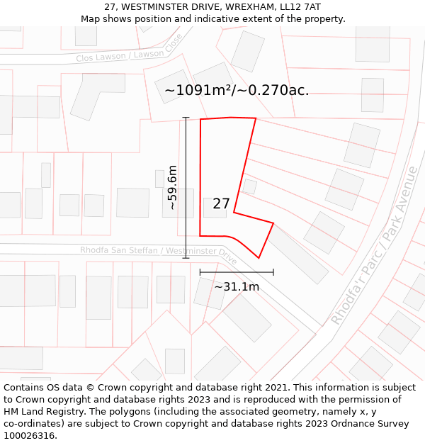 27, WESTMINSTER DRIVE, WREXHAM, LL12 7AT: Plot and title map