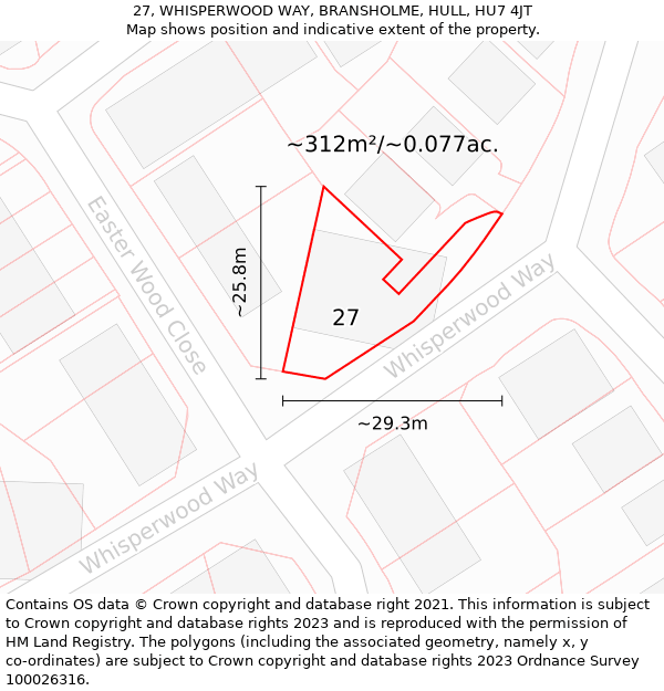 27, WHISPERWOOD WAY, BRANSHOLME, HULL, HU7 4JT: Plot and title map