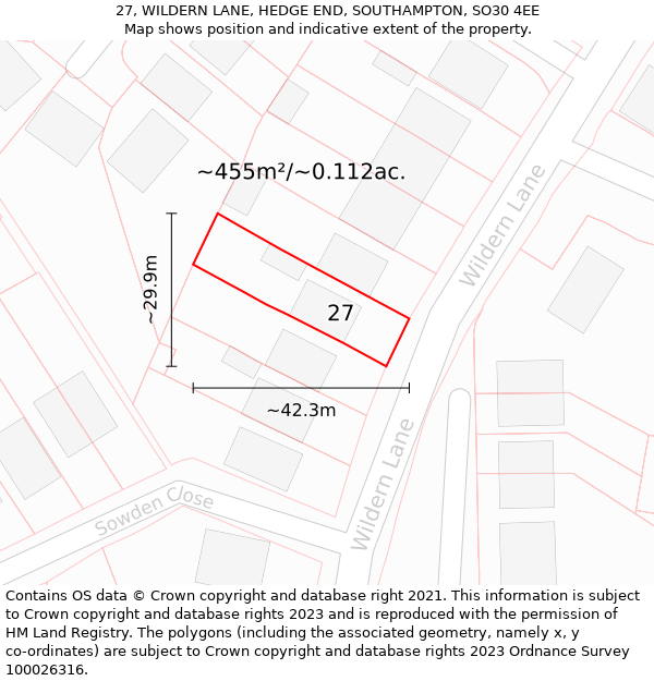 27, WILDERN LANE, HEDGE END, SOUTHAMPTON, SO30 4EE: Plot and title map