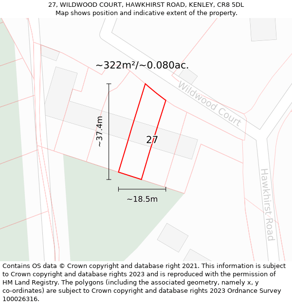 27, WILDWOOD COURT, HAWKHIRST ROAD, KENLEY, CR8 5DL: Plot and title map