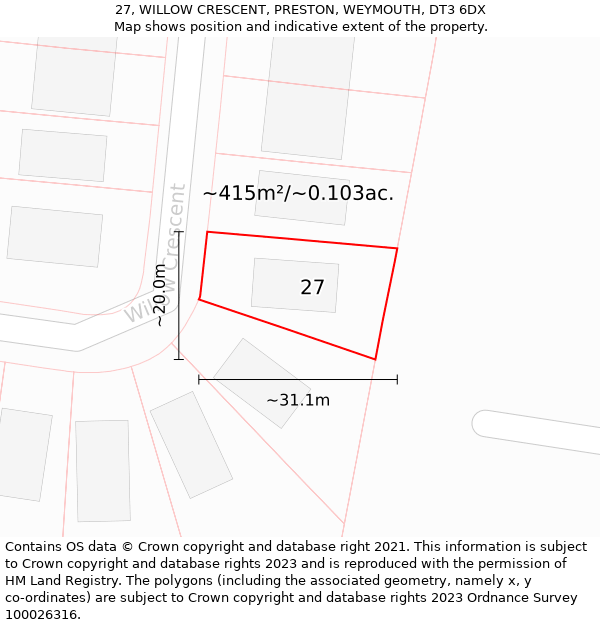 27, WILLOW CRESCENT, PRESTON, WEYMOUTH, DT3 6DX: Plot and title map