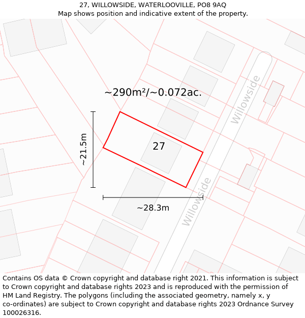 27, WILLOWSIDE, WATERLOOVILLE, PO8 9AQ: Plot and title map