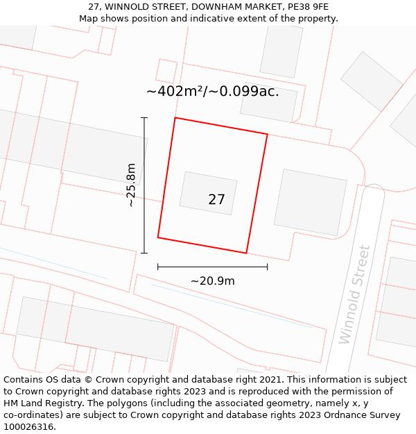 27, WINNOLD STREET, DOWNHAM MARKET, PE38 9FE: Plot and title map