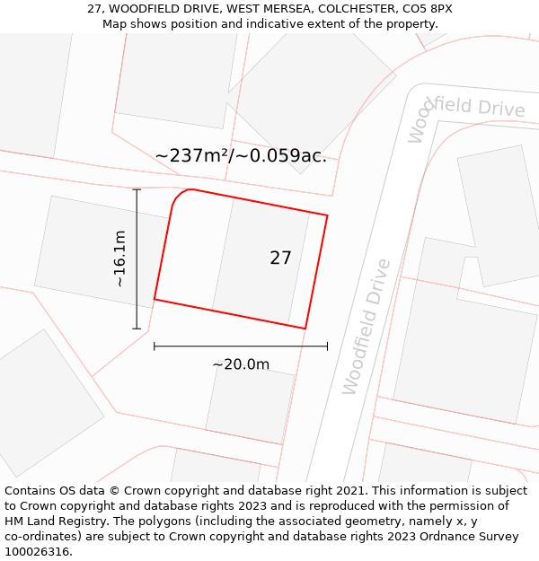 27, WOODFIELD DRIVE, WEST MERSEA, COLCHESTER, CO5 8PX: Plot and title map