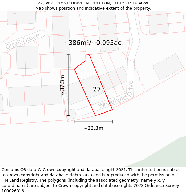 27, WOODLAND DRIVE, MIDDLETON, LEEDS, LS10 4GW: Plot and title map