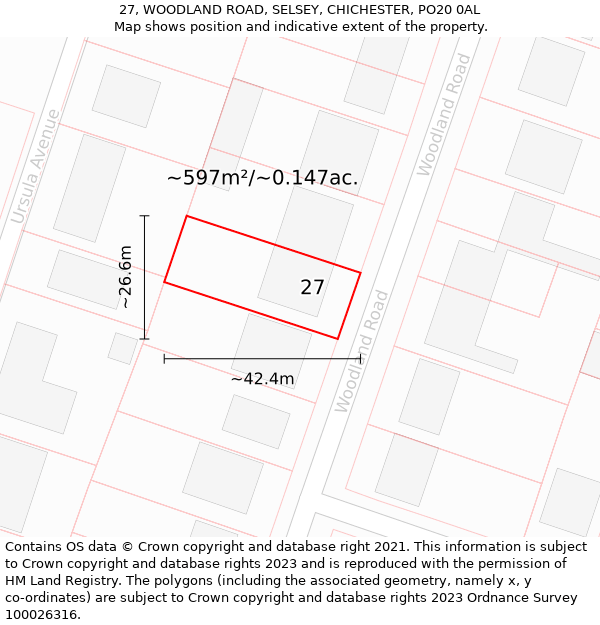 27, WOODLAND ROAD, SELSEY, CHICHESTER, PO20 0AL: Plot and title map