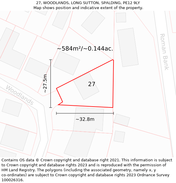 27, WOODLANDS, LONG SUTTON, SPALDING, PE12 9LY: Plot and title map