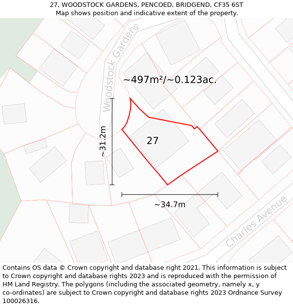 27, WOODSTOCK GARDENS, PENCOED, BRIDGEND, CF35 6ST: Plot and title map