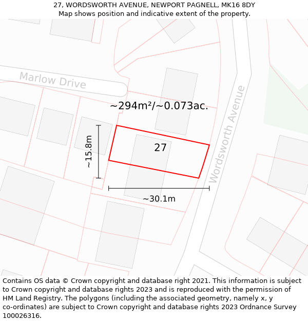 27, WORDSWORTH AVENUE, NEWPORT PAGNELL, MK16 8DY: Plot and title map