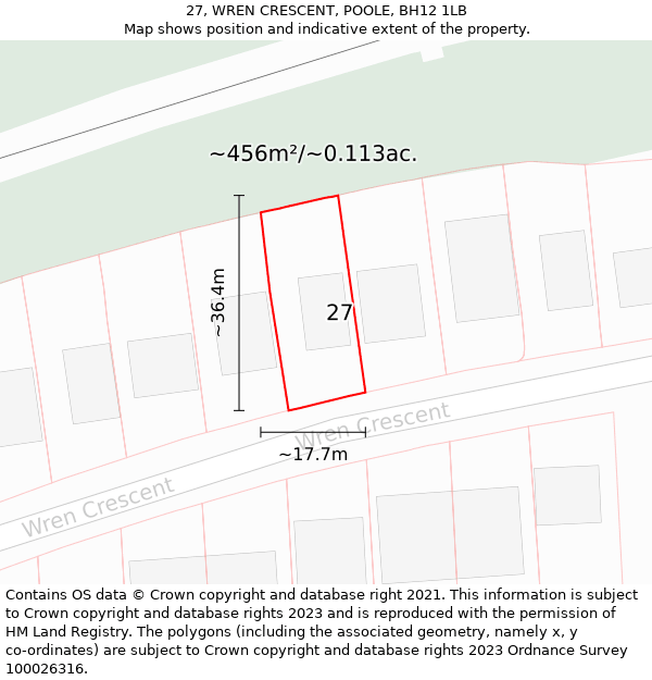 27, WREN CRESCENT, POOLE, BH12 1LB: Plot and title map