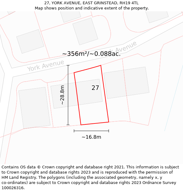 27, YORK AVENUE, EAST GRINSTEAD, RH19 4TL: Plot and title map